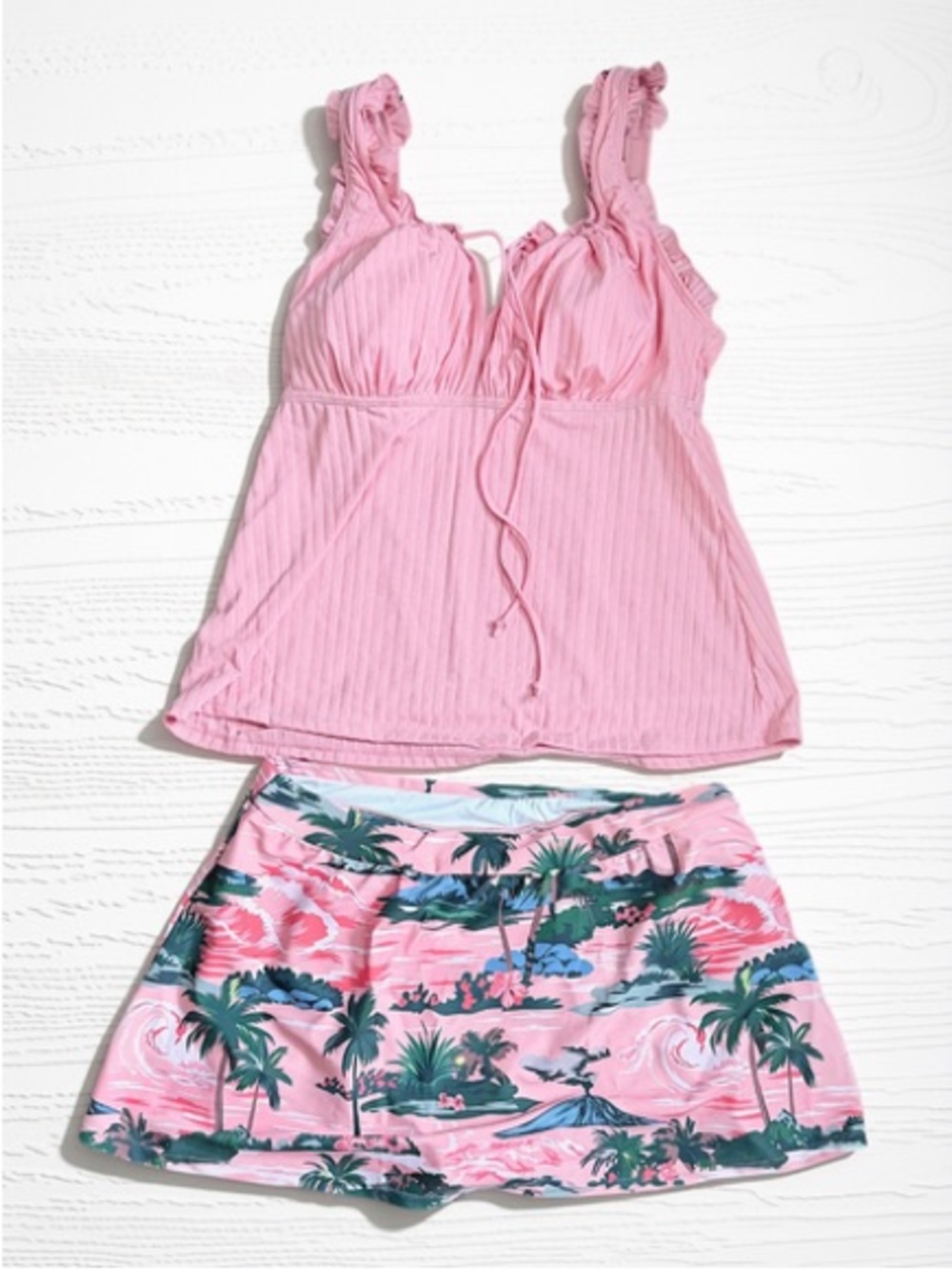 Women's Dusty Pink Tankini Top & Tropical Swim Skirt Set, Size L / Brand Modlily